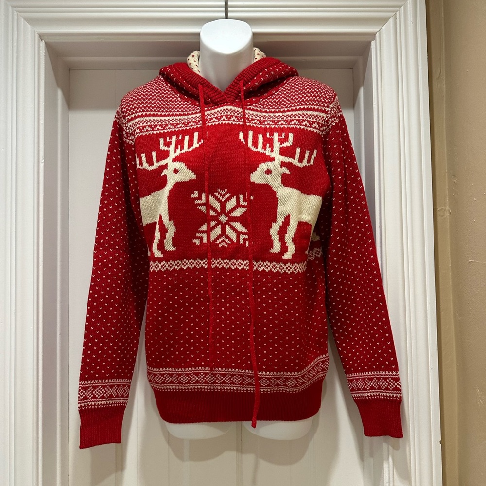 A Very Merry Christmas Raindeer Sweater with hood.  Red and Cream